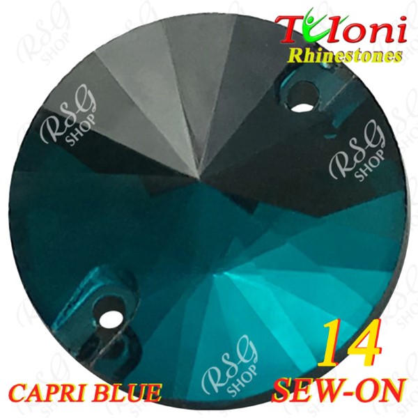Rhinestones Tuloni 10 pcs Capri Blue 14 Round Sew-On Flat Back